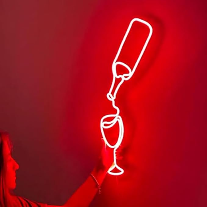 LED Wine Glass Neon Sign - Aesthetic Bar Wall Decor, Wine Lover Gift, Neon Light for Kitchen, Home Bar LED Sign, Winery Decor Size:25inch