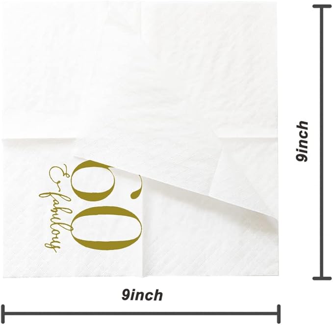 SharkBliss 60 and Fabulous Birthday Cocktail Napkins, 100 Pack Gold 60 and Fabulous Happy Birthday Cocktail Beverage Napkins for His Her Sixty 60th Birthday | 2-Ply, 5x5" (60 and Fabulous Napkins)