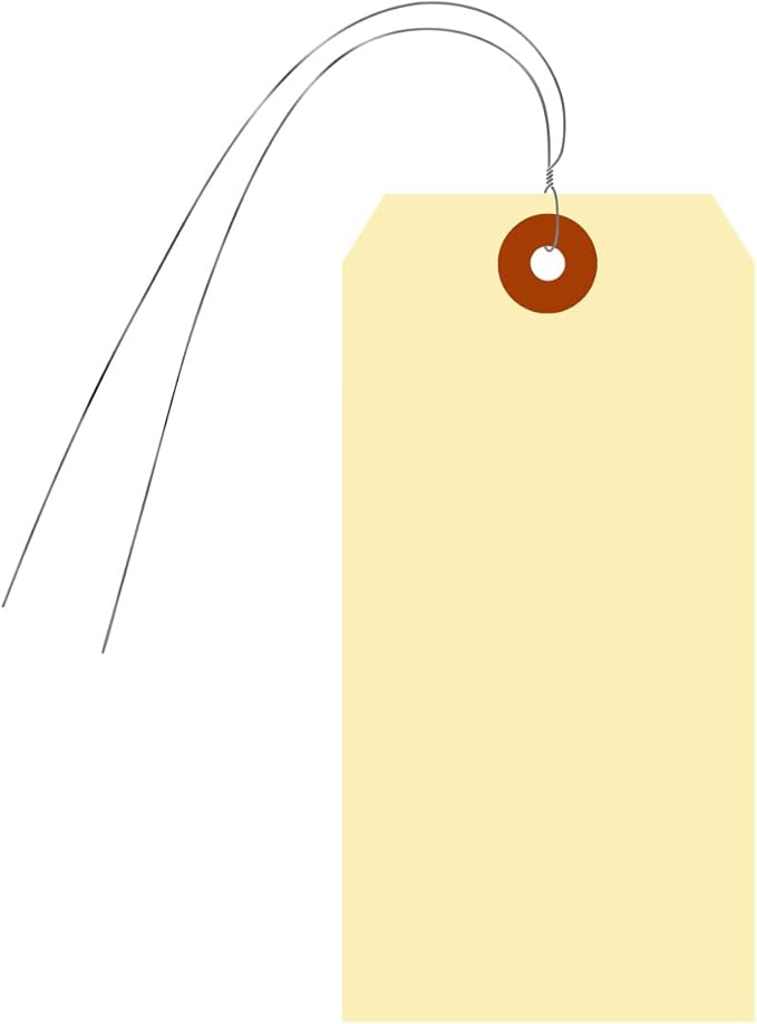 SmartSign Blank Manila Shipping Tags with Wire, Size-6, Pack of 100, 13pt Thick Prewired Cardstock Tag, 5.25 x 2.625 inch Paper Hang Tags with Reinforced Fiber Patch