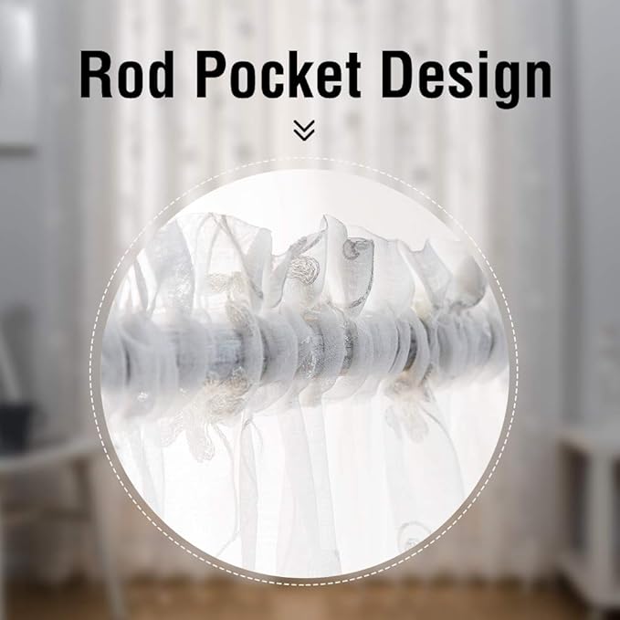 MYSTIC-HOME Embroidery White Sheer Curtains 84 Inches Long, Rod Pocket Sheer Drapes for Living Room, Bedroom, 2 Panels, 52"x84", Semi Crinkle Voile Window Treatments for Yard, Patio, Villa, Parlor.