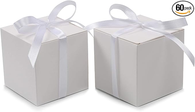COTOPHER 60pcs Small Gift Boxes, Favor Boxes 2x2x2 inches Paper Gift Boxes with Ribbons Candy Box for Wedding Favors Baby Shower Bridal Shower Birthday Party (White)