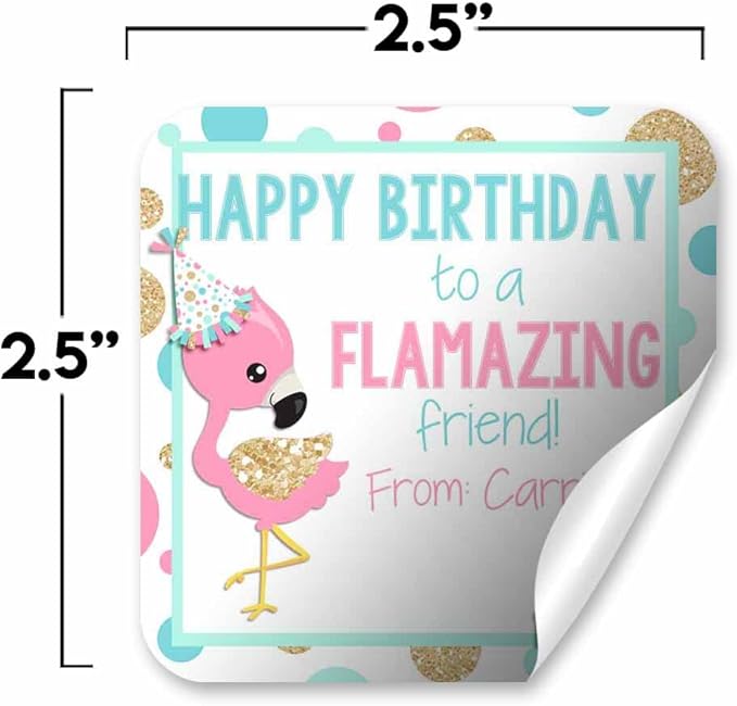Custom & Personalized FLAMAZING Flamingo Happy Birthday Gift Tag Sticker Labels, 24 2.5" Square Stickers by Amanda Creation
