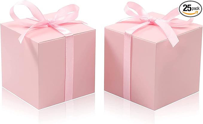 COTOPHER 25pcs Pink Wedding Favor Boxes, 3x3x3 Inch Gift Boxes with Ribbons for Wedding, Baby Shower, Birthday, Bridal Shower