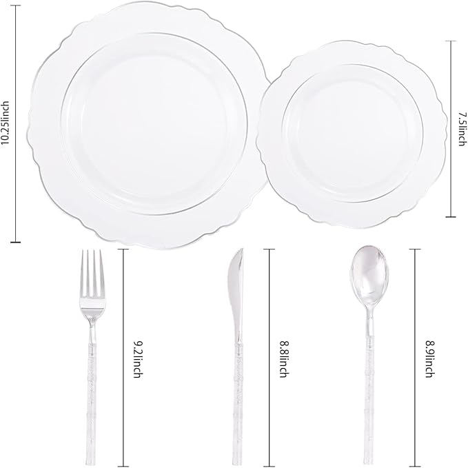 Liacere 150PCS Clear Silver Plastic Plates & Disposable Silver Plastic Silverware with Glitter Bamboo Handle Cutlery-Baroque Clear Disposable Plates for Wedding & Easter day & Mother's Day