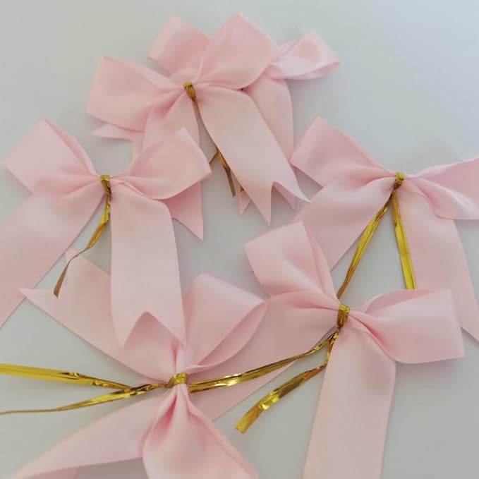 50pcs 3.5" Double Face Satin Pink Bows with Twist Ties Bows Wine Bows Tie with Fish Tail Cutting (Pink)