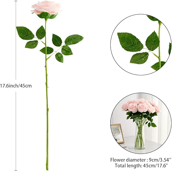 Artificial Rose 10pcs Open Flower Bouquet Faux Rose Stems for Wedding Arrangement, Bridal Bouquet, Centerpiece, Fake Faux Silk Flowers (Blush)