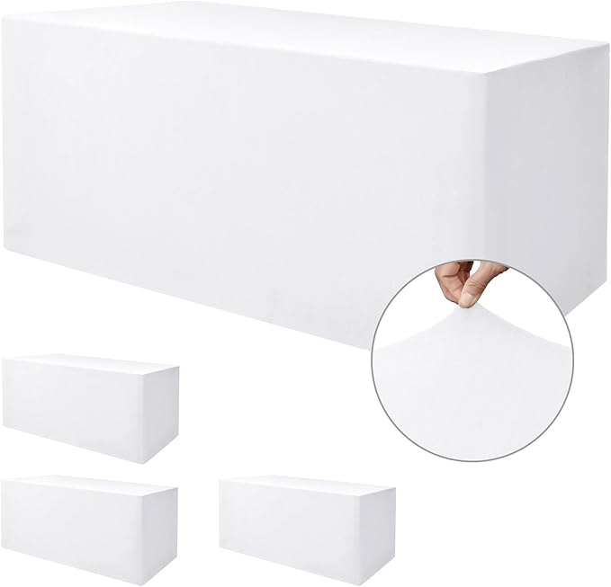 Nasitos White Fitted Table Covers Stretch Spandex - 96 x 30 Inch - 4 Pack Rectangle Table Clothes for 8 Foot Folding Tables, Fabric Tablecloths for Parties, Trade Show, Craft Show, Birthday