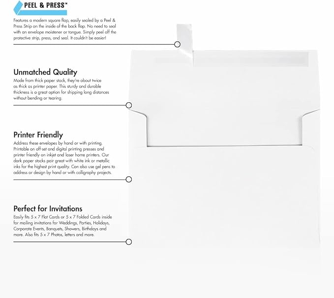 LUXPaper A7 Invitation Envelopes | Peel & Press | 5 1/4" x 7 1/4" | Brilliant White | 80lb. Text | 100% Cotton | 50 Qty