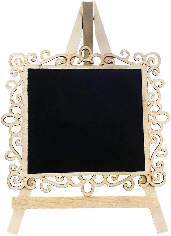 Chalkboard Signs Easel - Square Shape with Wood Framed Swirly Design, Includes 1 Chalk Stick, Size: 10" x 7" Wooden Blackboard, Perfect for Special Occasions and Events Decoration