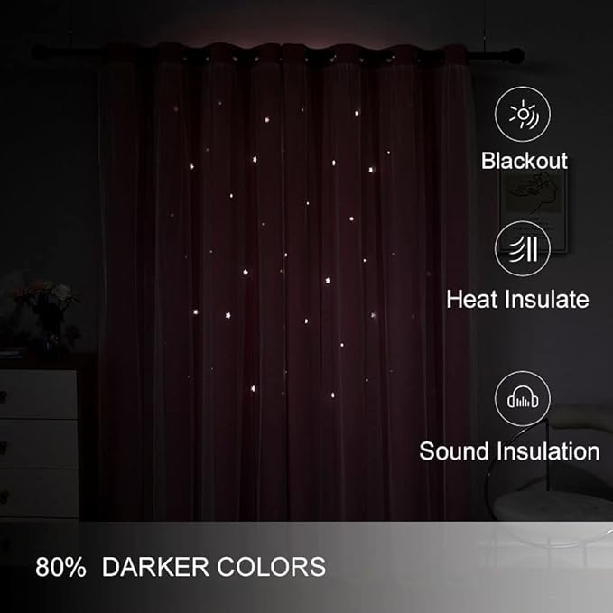 FANLI 2 Panels Star Blackout Curtains for Kid Girls Bedroom Living Room Darking Stripe Double Layer Star Cut Out Wall Home Decor Gradient Grommet Window Curtains (Pink 95L)