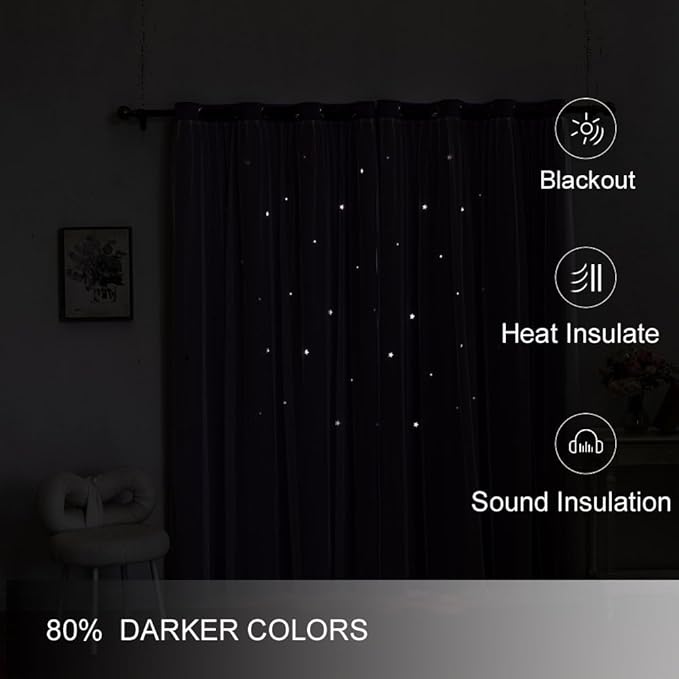 Ombre Rainbow Blackout Curtains for Kid Girls Bedroom Living Room Darking Stripe Double Layer Star Cut Out Wall Home Decor Gradient Grommet Window Curtains (Purple 72L)