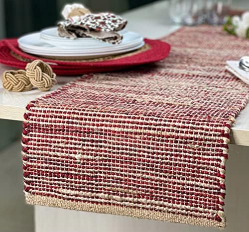 Chardin home Natural Jute Table Runner 13x90 Inch – Vintage Boho Rustic Table Decor – Handwoven Table Runner in Natural Jute and Red – Farmhouse Dining or Console Table Accent