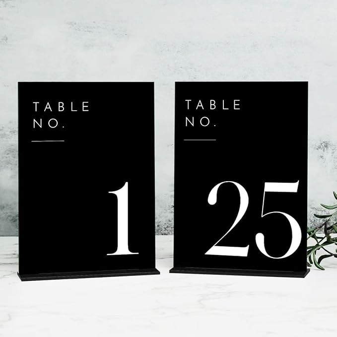 JINMURY Black Wedding Table Numbers 1-25 with Stands, 5"x7" Black Acrylic Table Numbers with White Font, Perfect for Wedding Party Reception(1-25, 5"x7")