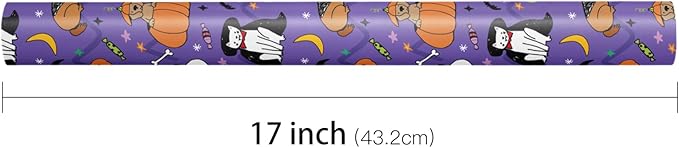 LeZakaa Halloween Purple Animal Wrapping Paper Roll, Cat Dog in Halloween Costumes, Pumpkins Bats Skulls Cheer, for Pet Lovers, Kids, Trick-or-Treat Party Decor, Mini Roll 17 in x 16.4 Ft