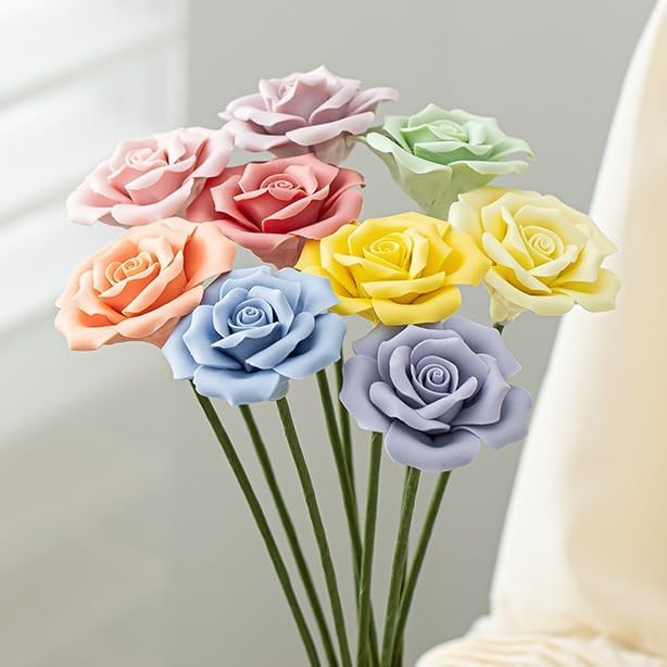 9 pcs Handmade Ceramic Roses,Featuring Vibrant Colors and Intricate Petal Details，Wedding Decoration Christmas Decor Gift Providing Long-Lasting Beauty Without The Hassle (Colour)
