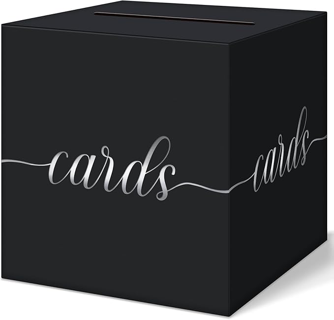 QIKSION Black Wedding Card Box, Silver Foil Gift Card Box for Party, Wedding Reception, Graduation, Birthday, Baby Shower, Raffle