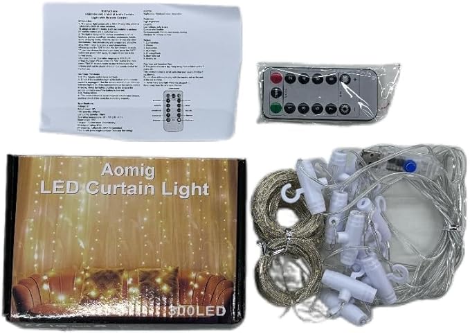 AOMIG Fairy Curtain Lights,300 LED Warm White Window Curtain String Light,8 Modes 9.8×9.8Ft Waterproof Curtain String Light USB Powered with Remote Control,Christmas String Lights for Indoor/Outdoor
