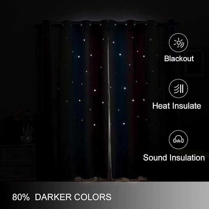 FANLI Ombre Rainbow Blackout Curtains for Kid Girls Bedroom Living Room Darking Stripe Double Layer Star Cut Out Wall Home Decor Gradient Grommet Window Curtains （Blue Purple 52Wx63L）
