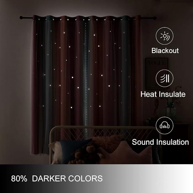 FANLI Ombre Rainbow Blackout Curtains for Kid Girls Bedroom Living Room Darking Stripe Double Layer Star Cut Out Wall Home Decor Gradient Grommet Window Curtains (Pink Purple, 52W x 72L)