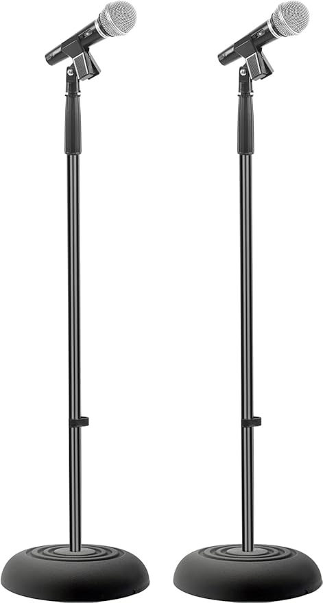 Pyle Universal Microphone Stand - Handheld Mic Compatible, Heavy Compact Base, Lightweight & Compact Design, 2.8 to 5 Ft Height Adjustable Clamp, Pivot Angle Clip, Home/Studio Use (Pair)