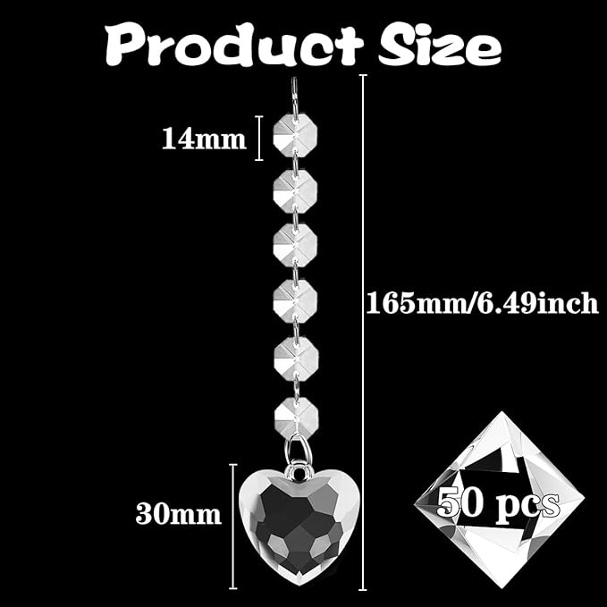 50 Pack Hanging Crystals - Clear Acrylic Prisms Pendant Ornaments for Christmas Tree, Centerpieces, Chandelier, Window & Home Decor, Ideal for Weddings, Parties Decorations (Heart)