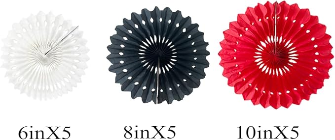 15pcs Paper Fans Set - 6'' 8'' 10'' Round Tissue Fans Decor for Party, Wedding, Birthday Events - White, Red, Black