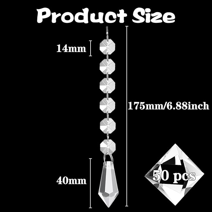 50 Pack Hanging Crystals - Clear Acrylic Prisms Pendant Ornaments for Christmas Tree, Centerpieces, Chandelier, Window & Home Decor, Ideal for Weddings, Parties Decorations (Icicle)