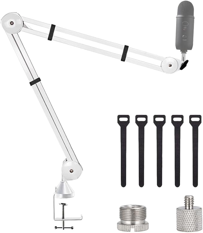 BOMGE Microphone Boom Arm Mic Stand Adjustable Clip Studio Suspension Scissor Arm Mount for Blue Snowball, ICE, Blue Yeti,Radio Broadcasting and Game (white)