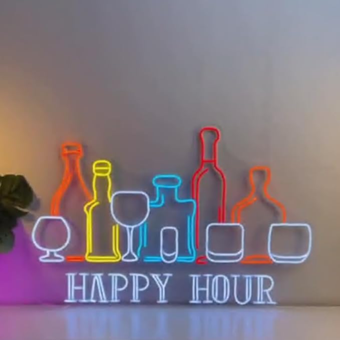 Happy Hour Wine Beer Neon Sign, Wine Bar Beer Pub Neon Sign, Custom Neon Sign, Alcohol Bar Open Night Light Decor, Drinking Lover Gifts Size:25inch