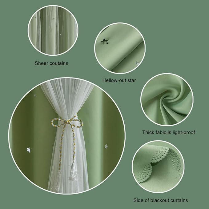 FANLI 2 Panels Star Blackout Curtains for Kid Girls Bedroom Living Room Darking Stripe Double Layer Star Cut Out Wall Home Decor Gradient Grommet Window Curtains (Green 95L)