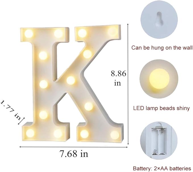 MUMUXI Marquee Light Up Letters | Large Light Up Numbers | Battery Powered and Bright with Every Letter of The Alphabet | for Wedding, Birthday, Party, Celebration, Christmas or Home Decoration (K)