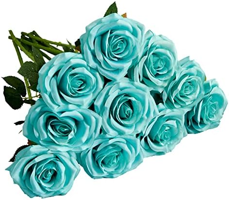 Artificial Rose 10pcs Open Flower Bouquet Faux Rose Stems for Wedding Arrangement, Bridal Bouquet, Centerpiece, Fake Faux Silk Flowers (Tiffany)