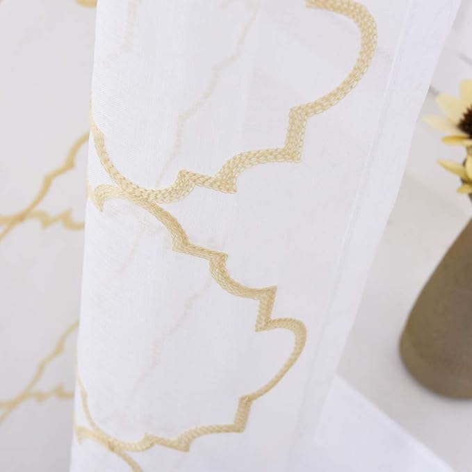 Sheer Curtains Gold 95 Inches Long, Rod Pocket Drapes for Living room, Bedroom, Embroidered Moroccan Tile Lattice Design Semi Crinkle Voile Curtain Panels for Patio, Villa, Parlor, Set of 2, 52"x95".