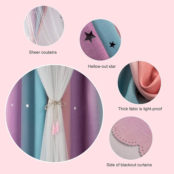 FANLI Ombre Rainbow Blackout Curtains for Kid Girls Bedroom Living Room Darking Stripe Double Layer Star Cut Out Wall Home Decor Gradient Grommet Window Curtains (Pink Purple, 52W x 84L)
