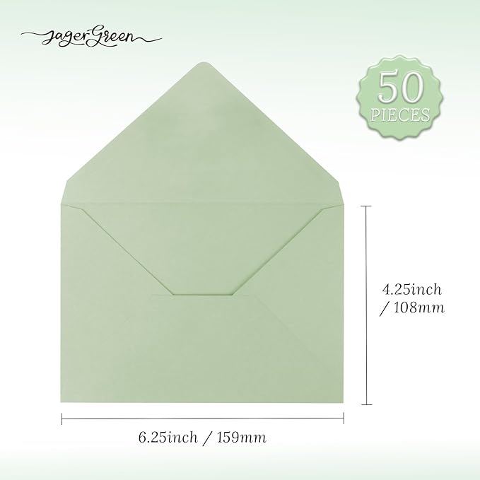 50 Pack 4x6 Envelopes Letter Size, Green A4 Envelopes Self Seal for Wedding Invitation, Envelope 4.3x6.3 for Greeting Cards, Photos, Baby Shower, Graduation, Thank You Cards, Announcements