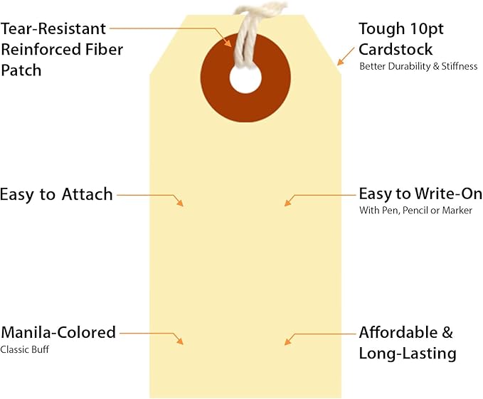 SmartSign Blank Shipping Tags with Pre-Attached Loop Strings, Size-1, Pack of 1000, 10pt Thick Manila Cardstock Tag, 1.375" x 2.75" Paper Hang Tags with Reinforced Fiber Patch