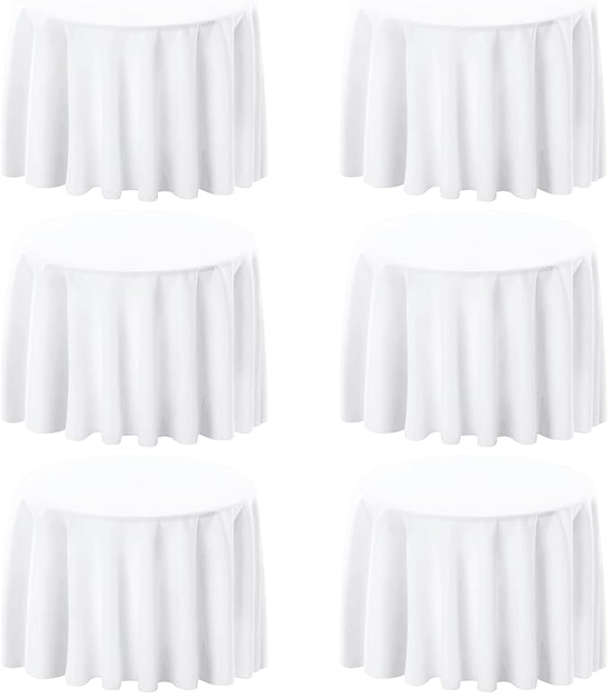 6 Pack White 90 Inch Round Tablecloths. Stain and Winkle Resistant Polyester Washable White Table Cloths for Parties Wedding Dining
