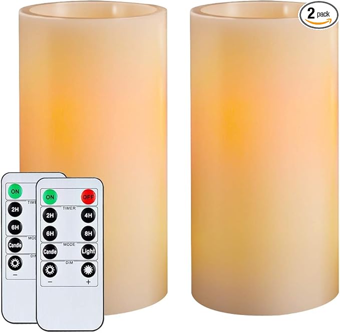 Homemory 7"x3" Flameless Candles Battery Operated, Amber Yellow Light，Realistic Wax LED Pillar Candles with 2 Remote Controls & Cycling 24-Hour Timer, Long Battery Life, Set of 2, Ivory, Indoor Only