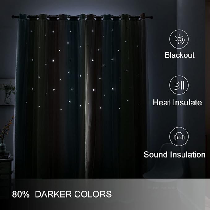 FANLI Ombre Rainbow Blackout Curtains for Kid Girls Bedroom Living Room Darking Stripe Double Layer Star Cut Out Wall Home Decor Gradient Grommet Window Curtains (Pink/Blue, 52W x 63L)