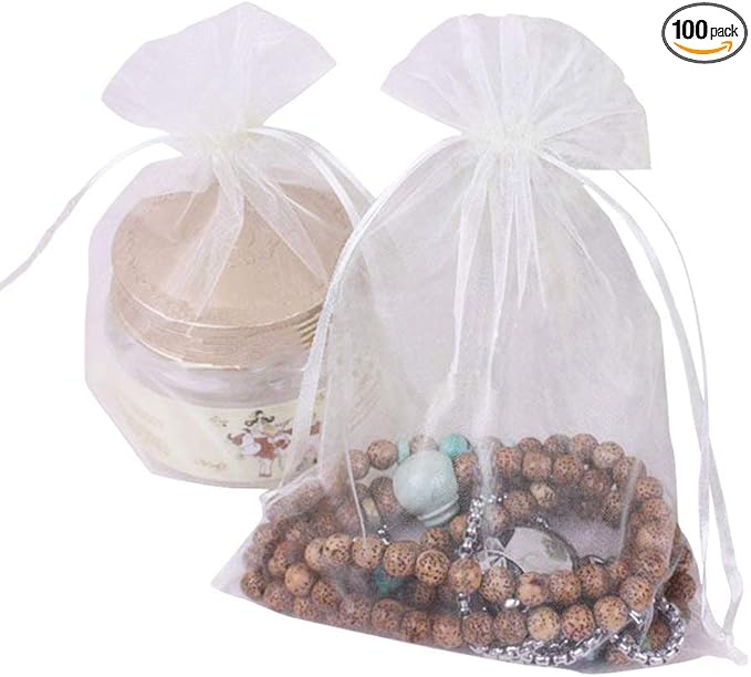 Wudygirl 100pcs Drawstring Organza Bags 5 x 7 Inch Ivory Packaging Seashell Pin Jewelry Lipstick Pouches Baby Shower Party Wedding Favor Decoration Cookies Candy Favor Bags(Ivory 5x7'')