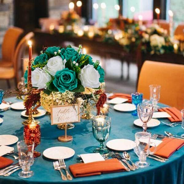 BLOSMON Flower Ball Centerpieces for Wedding: 10 Pcs Teal White Fake Roses Flowers Artificial for Table - Silk Kissing Bouquet Floral Arrangement Center for Home Party Event Decor
