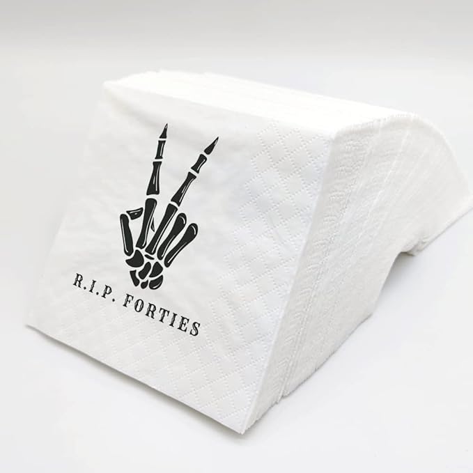SharkBliss RIP Forties Cocktail Napkins, 100 Pack RIP Forties Death to My 40s Dirty 50 Birthday Paper Cocktail Beverage Napkins in Bulk for 50th Birthday | 2-Ply, 5x5" (RIP Forties Napkins)
