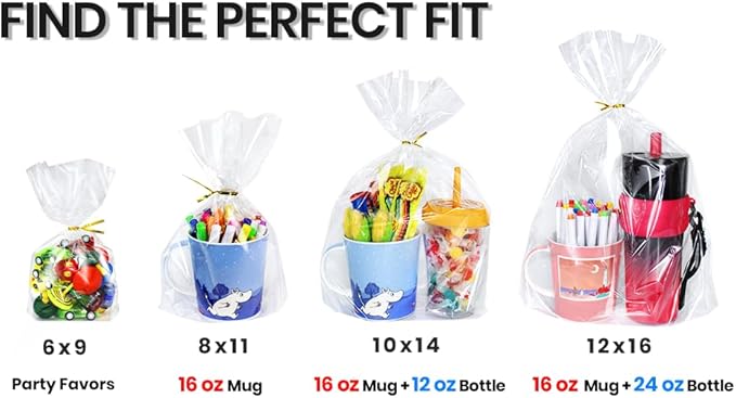 PigPotParty 12"x 16", 50Pcs Bottom Gusset Bags, Clear Plastic Cellophane Gift Mug Treat Goodie Bags with 50x Twist Ties, Large Party Favor Packaging, Toy Wrapping (No Side Gusset)