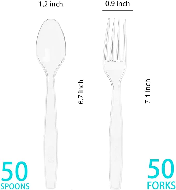 100 Count Plastic Silverware, Heavy Weight Plastic Forks Spoons Disposable Utensils Cutlery Set for Wedding Party Supplies Everyday Use