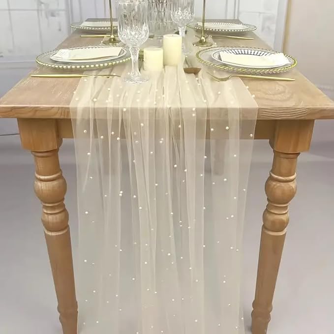 EHLDekol Pearl Table Cloth Elegant Polyester Table Runner with Artificial Pearl Accents Extra Long 10ft 60 x 120 Inches Pearl Tulle Table Runner for Wedding (60inch Width, Champagne, 1 Piece)