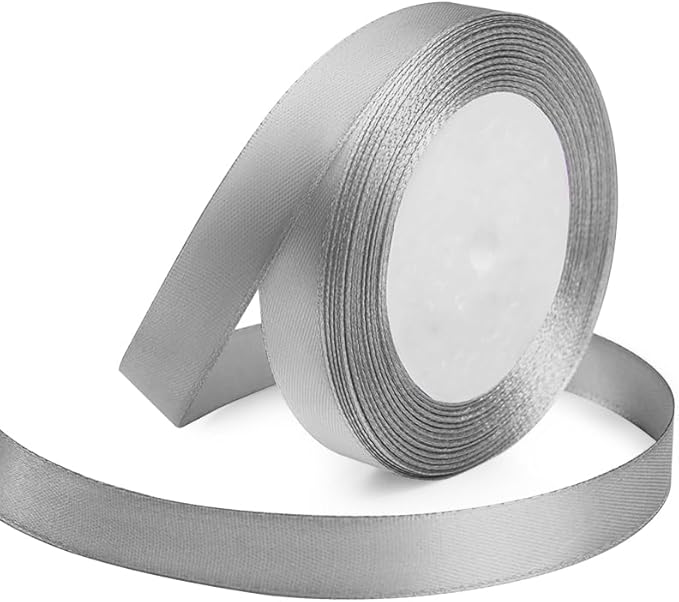 KMER LIFE 5/8 Inches x 25 Yards Silvery Satin Ribbon Solid Fabric Ribbons for Crafts, Wedding Decor, DIY Hair Accessories, Sewing, Gift Package Wrapping, Valentine's Day Bouquet and More