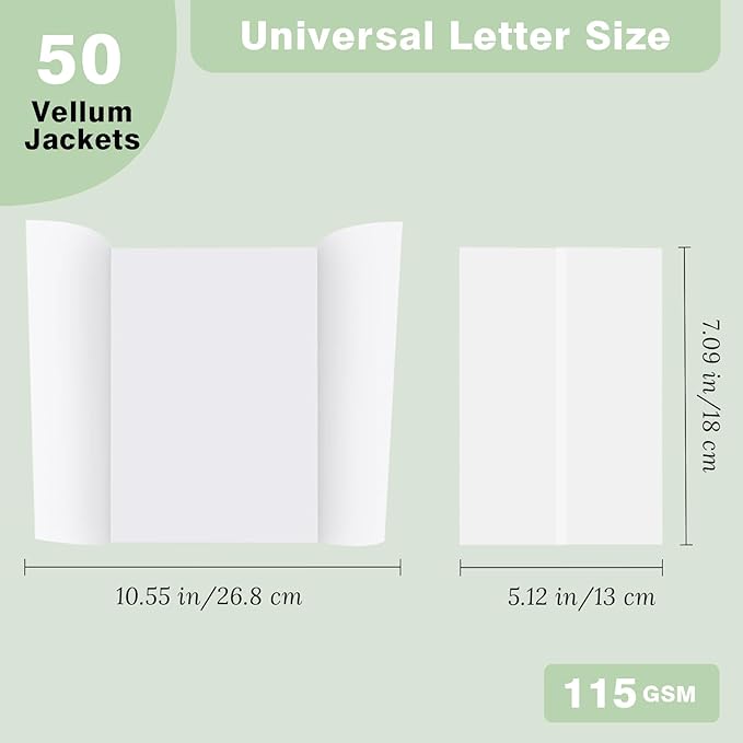 JAGERGREEN 50 Pack Vellum Jackets for 5x7 Invitations Pre-Folded, 115 GSM Translucent Printable Vellum Paper 5x7, Vellum Wraps for Wedding Invitations Sleeves, Birthday Greeting Cards, DIY Crafts