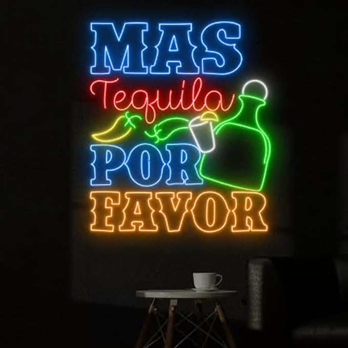 Mas Tequila Por Favor Neon Sign, 25" Mexican Cocktail Bar Light Up, Tequila Cocktail Led Light Signboard, Tequila Bar Pub Neon Light Decor