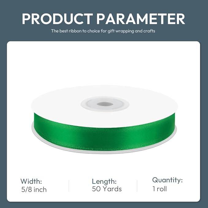 KMER LIFE 5/8" Wide x 50 Yards Green Polyester Satin Ribbon - Perfect for Wedding Decor, Wreaths, Crafts, Gift Wrapping & More