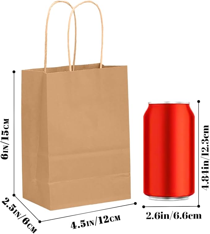 qiqee 25 Pcs Brown Mini Gift Bags with Handles 6"x4.5"x2.5" Small Paper Kraft Party Treat Bags